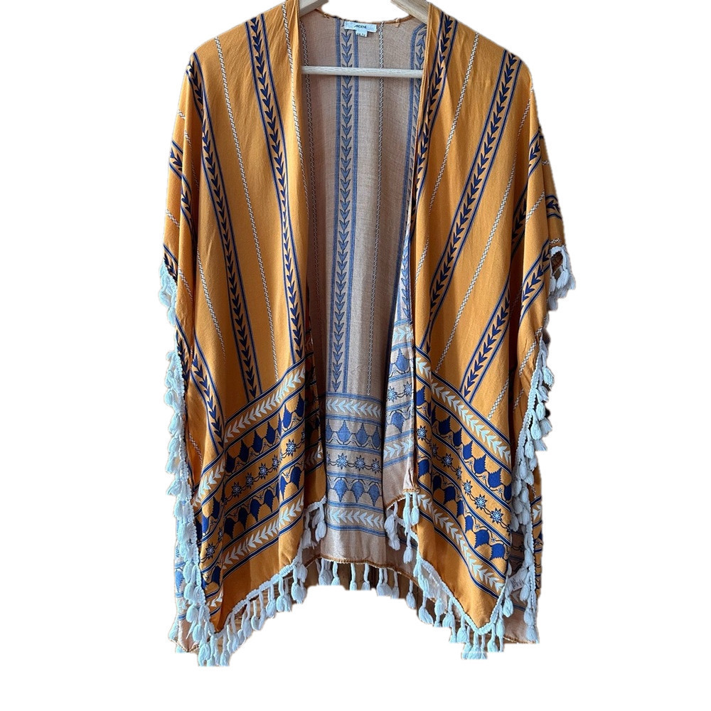 Ardene Kimono Golden Hour Mustard Yellow Navy Blue White - One Size